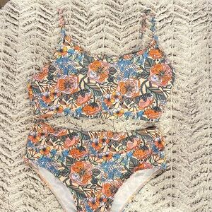 NWOT Tropical Floral Orange Blue Floral Two Piece Womens Swimsuit Sz Large